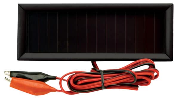 Solar battery charger with alligator clips and wires.