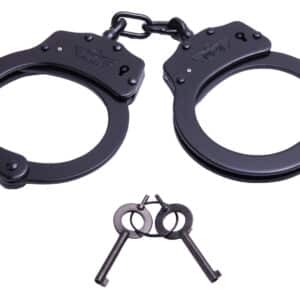 Black handcuffs and keys on white background.