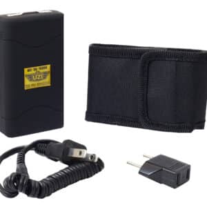 Black stun gun, holster, charger, and plug adapter.