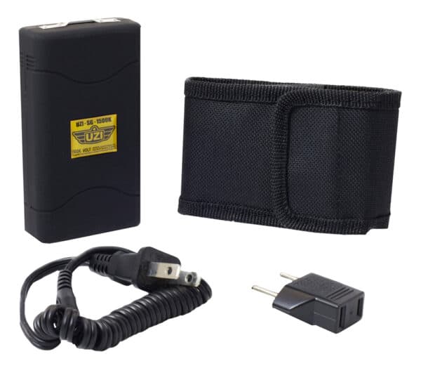 Black stun gun, holster, charger, and plug adapter.