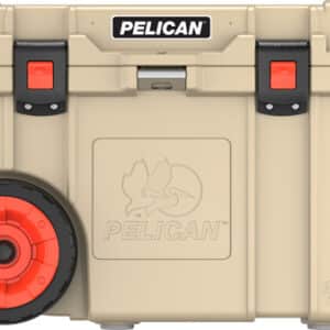 Pelican wheeled cooler with beige color and orange wheels.