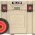 Pelican wheeled cooler with beige color and orange wheels.