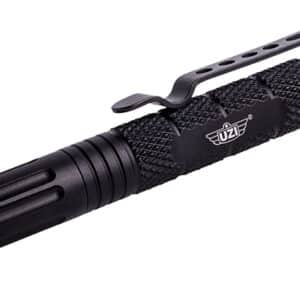 Black tactical pen with removable cap and clip.