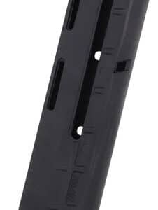 Black firearm magazine with slots and latch.