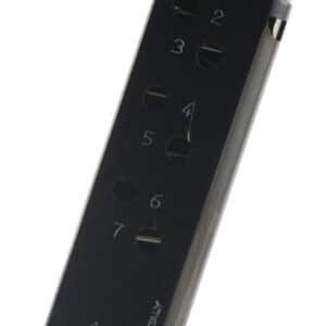 Black pistol magazine with seven bullet holes.