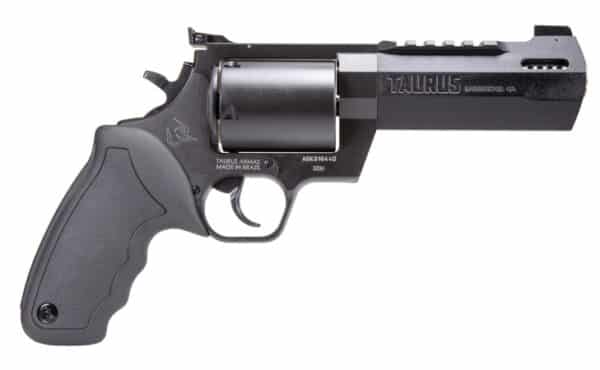 Black Taurus revolver with textured grip.