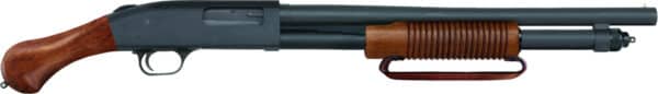 Pump-action shotgun with wooden grip and stock.