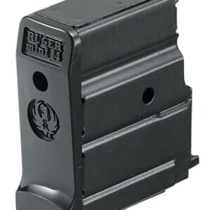 Ruger Mini-14 magazine, black metal, isolated view.