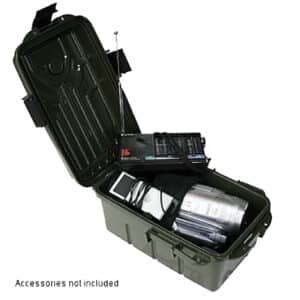 Open green ammo box with equipment inside.