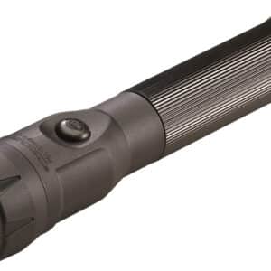 Black flashlight with ribbed handle and button switch.