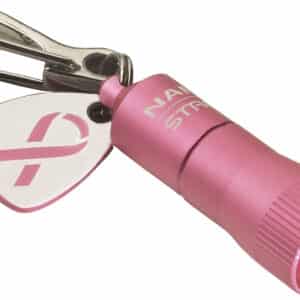 Pink flashlight keychain with awareness ribbon.