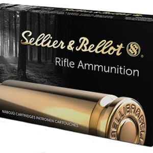 Sellier & Bellot rifle ammunition box, forest background