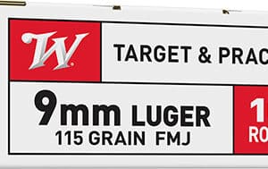 9mm Luger ammo box, 100 rounds, target practice.
