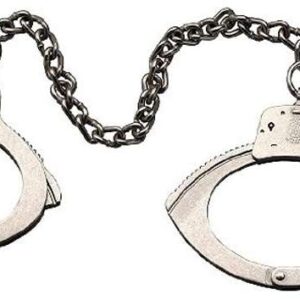 Silver handcuffs with a connecting chain.