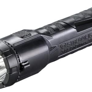 Black handheld flashlight with textured grip
