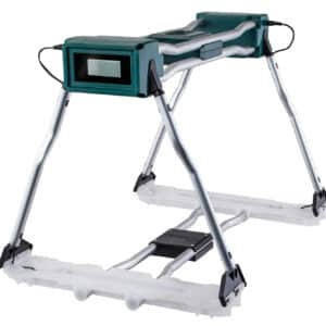 Portable sawhorse with adjustable legs and power outlet.
