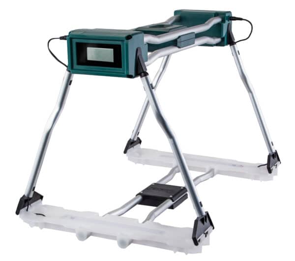 Portable sawhorse with adjustable legs and power outlet.