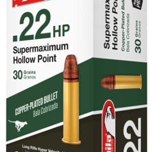 Aguila .22 HP Supermaximum hollow point ammunition box.