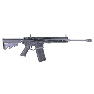 Black tactical rifle with long barrel and stock