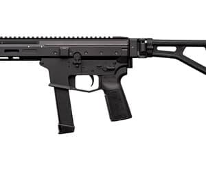 Compact black semi-automatic firearm with folding stock