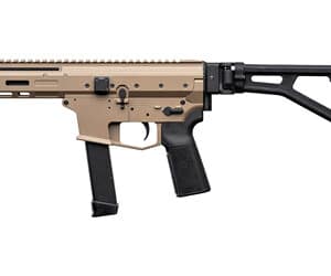 Tan and black submachine gun on white background