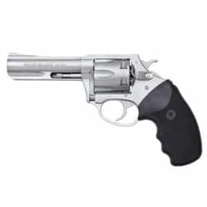 Silver revolver with black grip handle.