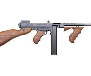 Thompson submachine gun with wooden stock and grip