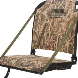Camo boat seat with adjustable straps and frame.