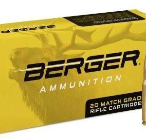 Berger ammunition box with two rifle cartridges.