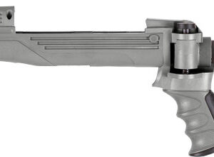 Tactical gray gun stock with grip and rail system.
