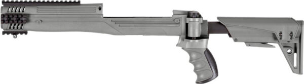 Tactical gray gun stock with grip and rail system.