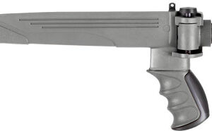 Gray folding rifle stock with grip, side view