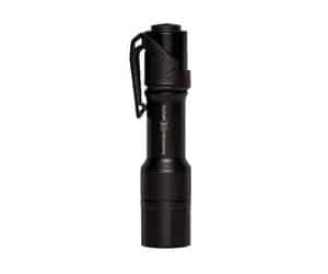 Black tactical flashlight with clip attachment