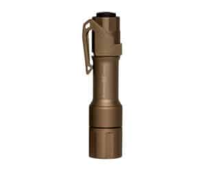 Brown tactical flashlight with clip attachment.