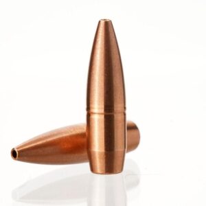 Two copper bullet casings standing on white surface.