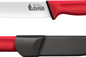 Red-handled knife on sheath and blade view