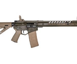 Tan-and-black semi-automatic rifle side view.
