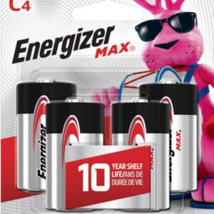 Energizer Max C4 alkaline batteries, 10-year shelf life.