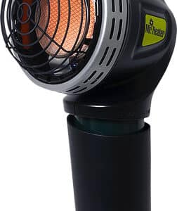 Portable propane heater with black and silver design.