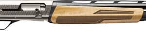 Wood and metal shotgun with barrel.