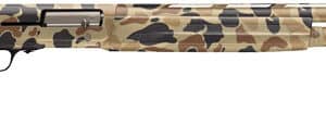 Camouflage-patterned shotgun on white background