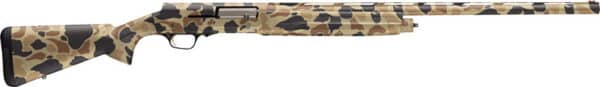 Camouflage-patterned shotgun on white background
