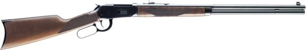 Lever-action rifle with wooden stock and steel barrel