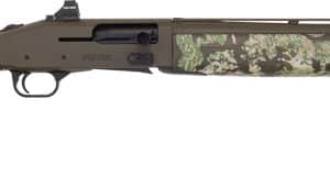 Camouflage-patterned hunting shotgun side view.