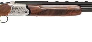 Double-barrel shotgun with wooden stock and engraved receiver.