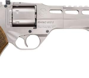 Silver revolver with wooden grip, side view.