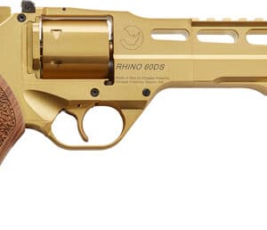 Gold revolver with textured wood grip, side view.