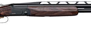 Side view of double-barrel shotgun with wooden stock.