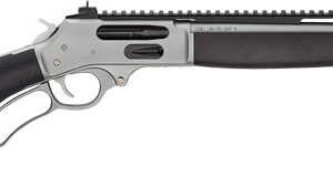 Lever-action rifle with black stock and silver barrel.