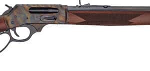 Lever-action rifle with wooden stock and long barrel.